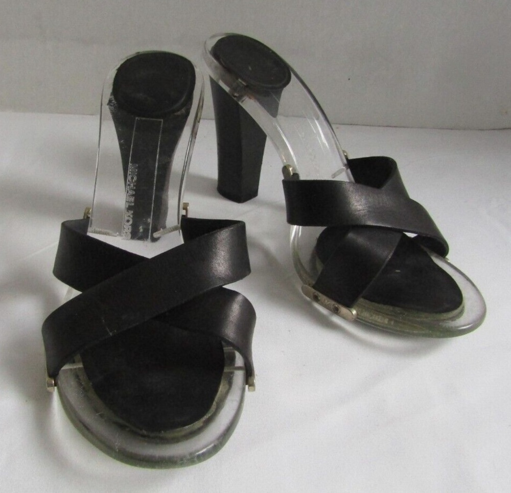 Michael Kors Black Leather Lucite Heels Chic Y2K Slide Sandals 6.5 - Picture 4 of 13